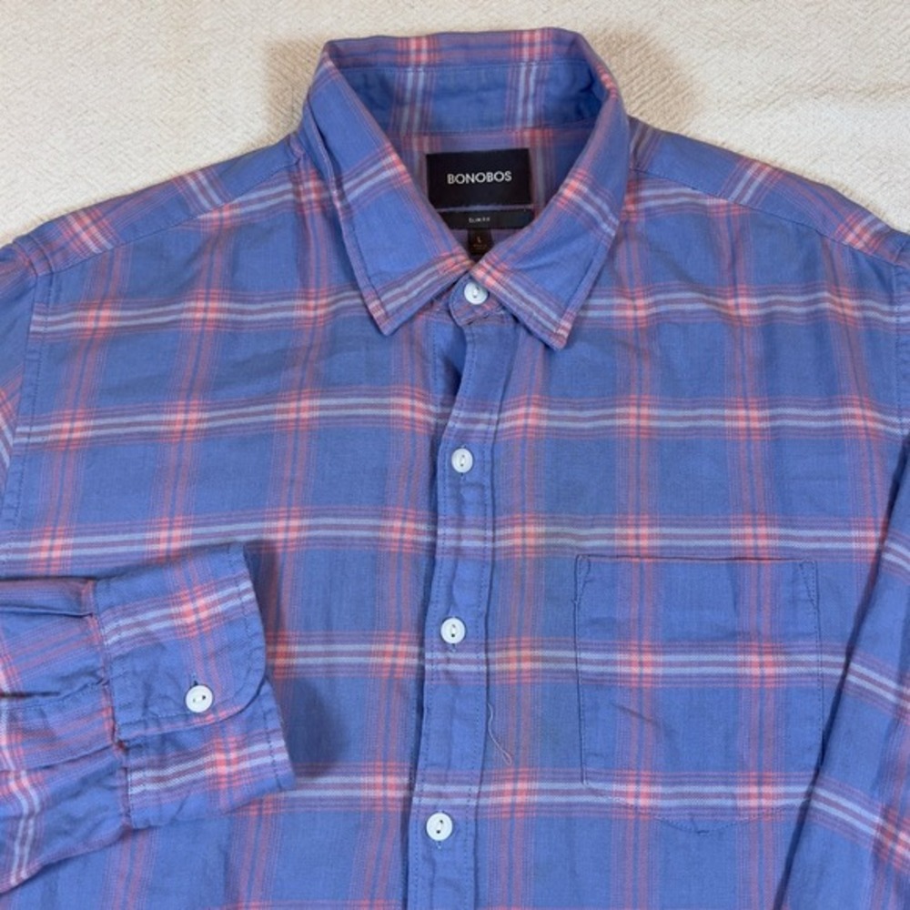Bonobos Mens Plaid Long‎ Sleeve Button Down Shirt Casual Blue Pink Size Large